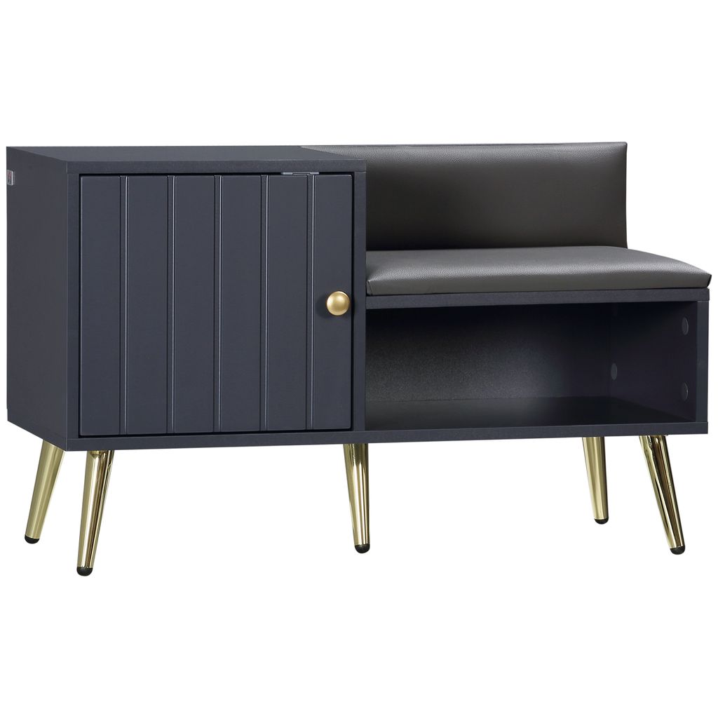 HOMCOM Aufbewahrungsbank, Schuhbank, Art-Deco-Stil, Schrank, Nischenbank, Sitzlehne, Kunststoffbezug, Goldstahl, 80 x 33 x 49 cm, Grau