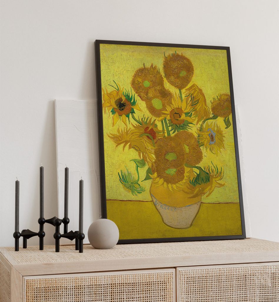 Poster Vase mit Sonnenblumen, groesse_poster:21x30 cm, groesse_rahmen:weiß Passepartout 30x40 cm