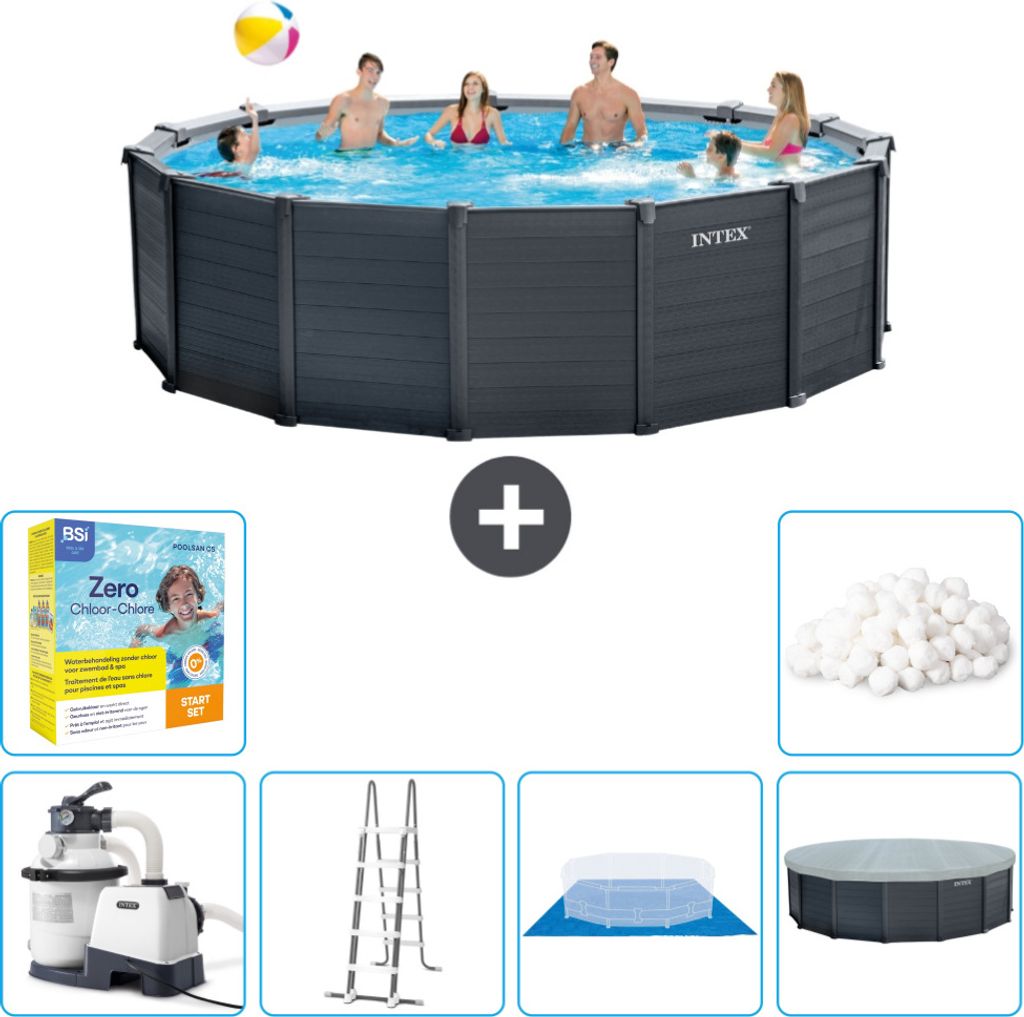 Intex runder Pool mit graphitgrauem Paneel – 478 x 124 cm – inklusive Pumpe – Leiter – Bodenplane – Abdeckung Wartungspaket - Filterbälle