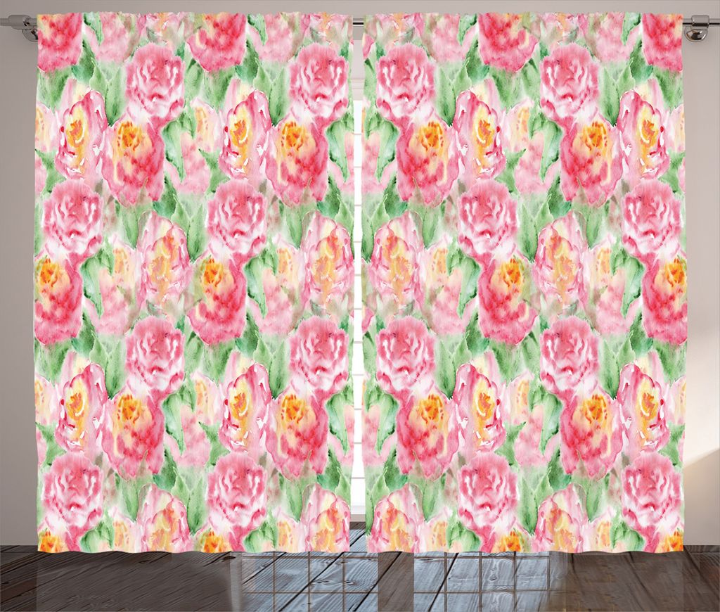 ABAKUHAUS Rose Rustikaler Vorhang, weiche Blühenden, Wohnzimmer Universalband Gardinen mit Schlaufen und Haken, 280 x 245 cm, Grün Rosa