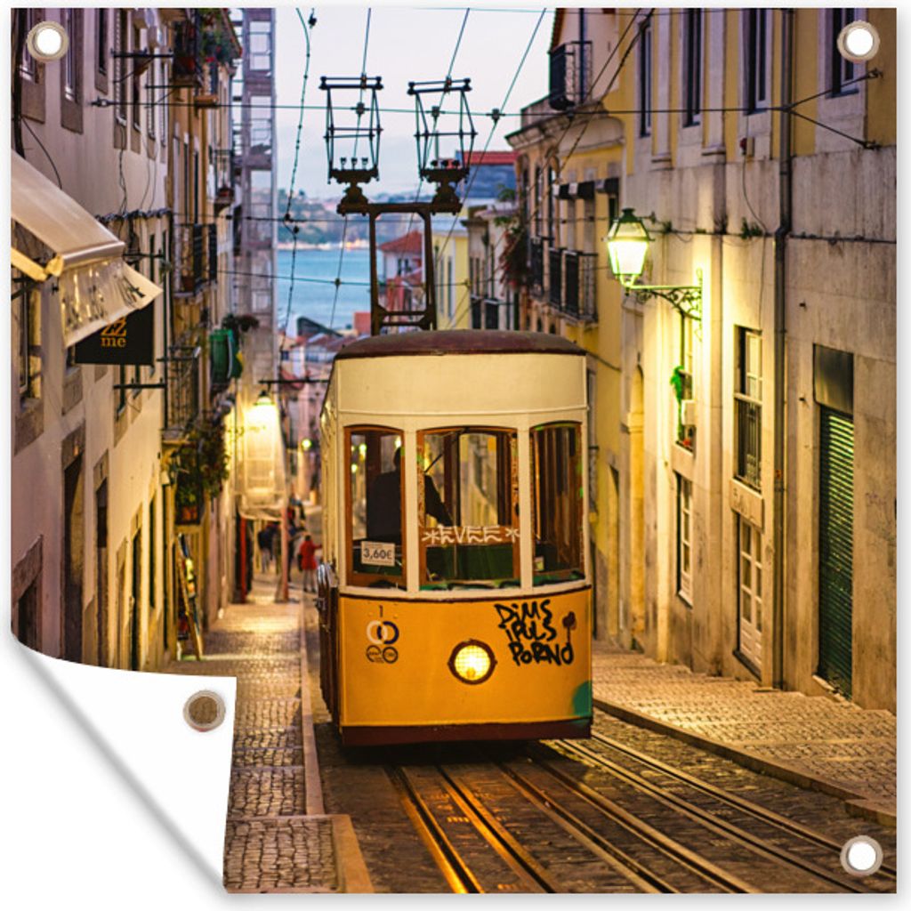 MuchoWow 100x100 cm Outdoor-Poster Gartendeko Sichtschutz Garten Poster für den Garten Die Seilbahn einer Straßenbahn in Lissabon bei Nacht