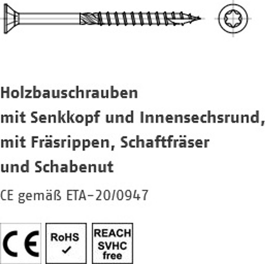 200 Stück Reyher Holzbauschrauben CE Stahl 4 x 35/25 - T20 galv. verzinkt - CE gemäß ETA-12/0471 / ETA-20/0947 Vollgewinde, Senkkopf mit Fräsri...