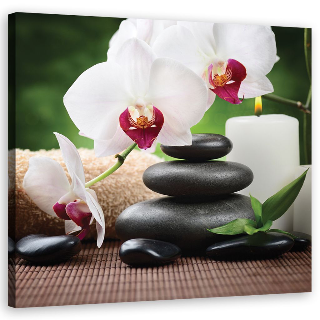Leinwandbild Zen-Orchideen-Steine 60x60 Feeby Weiß bild für die wand bereit zum aufhängen