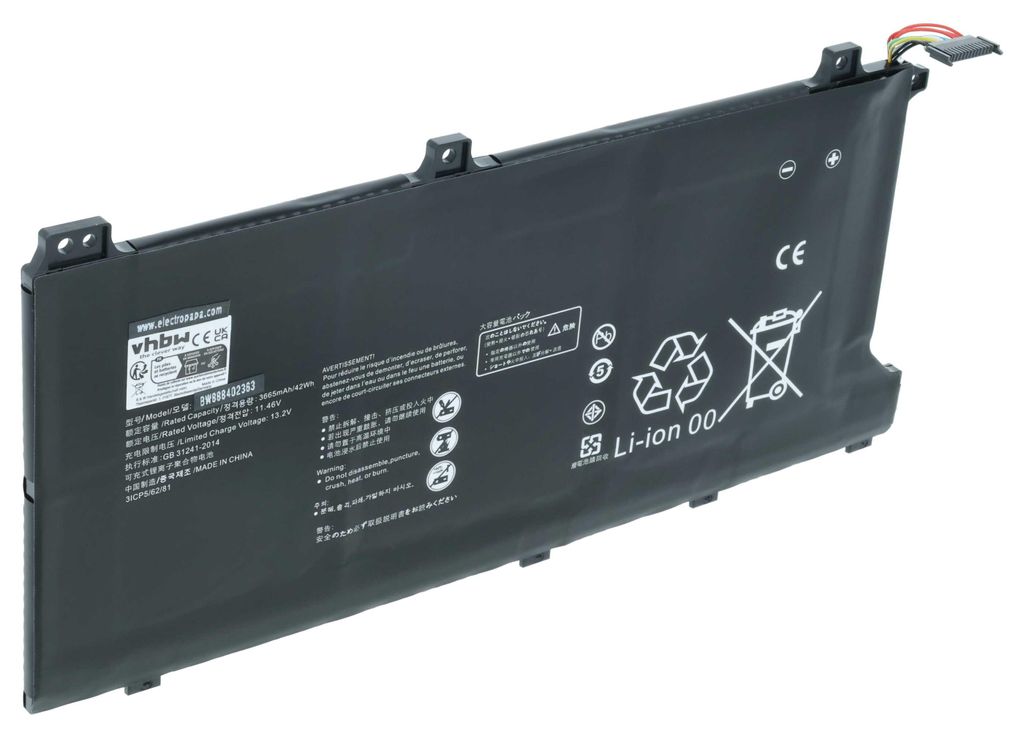 vhbw Akku kompatibel mit Huawei MateBook D 15 2020, D 15 Notebook (3600 mAh, 11,46 V, Li-Polymer)