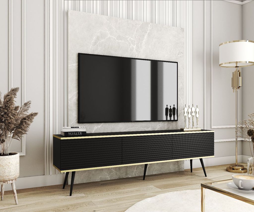 TV-Schrank ORO MDF 175 Schwarz geriffelte Fronten + Gold mit Schwarz Füße TV-Lowboard Fernsehtisch