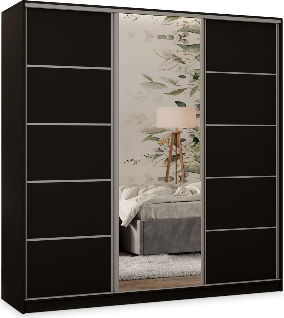 Masseno Schiebetürenschrank PINA 200/205/58 cm Kleiderschrank mit 4 Schubladen Schlafzimmer Schrank 3-türig mit Spiegel Schwarz