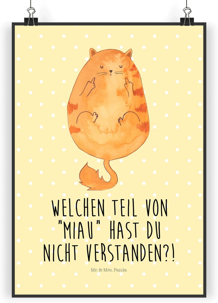 Mr. & Mrs. Panda Bild Katze Mittelfinger DIN A5 - Gelb Pastell - Geschenk, drucke, wanddeko, Wandschmuck, Cats, Cat, Katzen, Kater, Mietze, Posterd...
