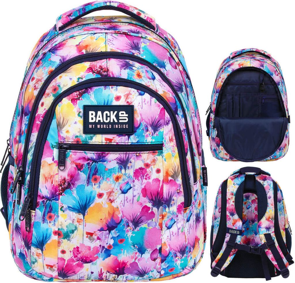Derform BACKUP Schulrucksack mit drei Fächern, Modell O SUMMER FLOWERS