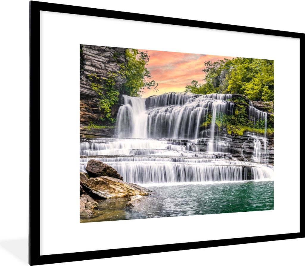 MuchoWow Gerahmtes Poster Wasserfall - Wasser - Steine - Pflanzen - Natur 80x60 cm - Poster mit Schwarzem Bilderrahmen Wandposter Rahmen Foto Bil...