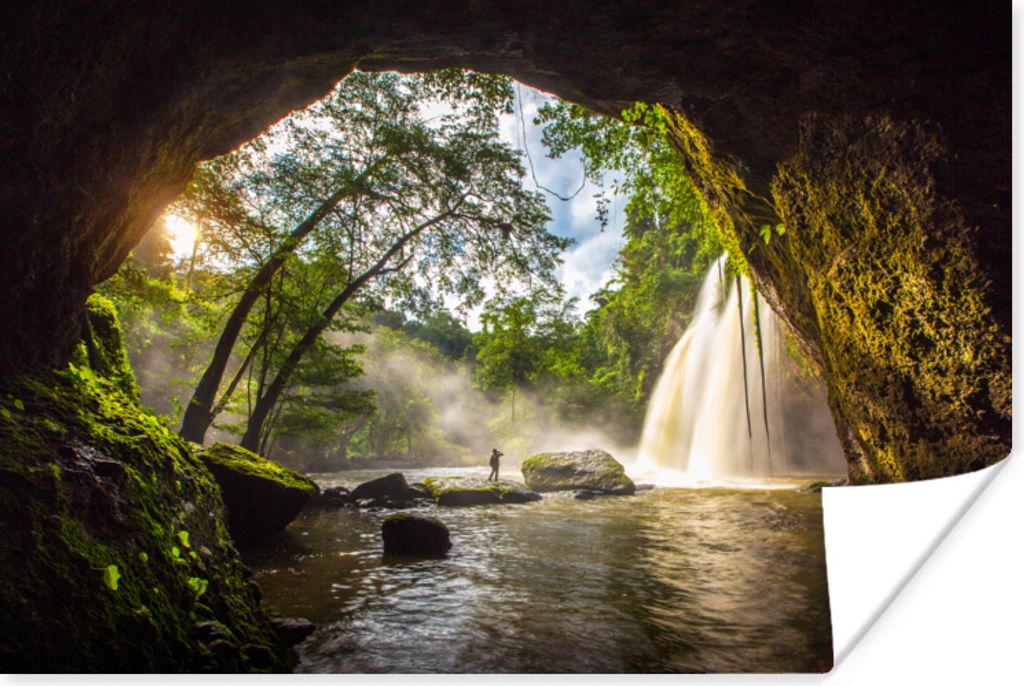 MuchoWow Poster Durchsichtige Wasserfallhöhle - Bäume - Draußen 30x20 cm - Plakate - Print