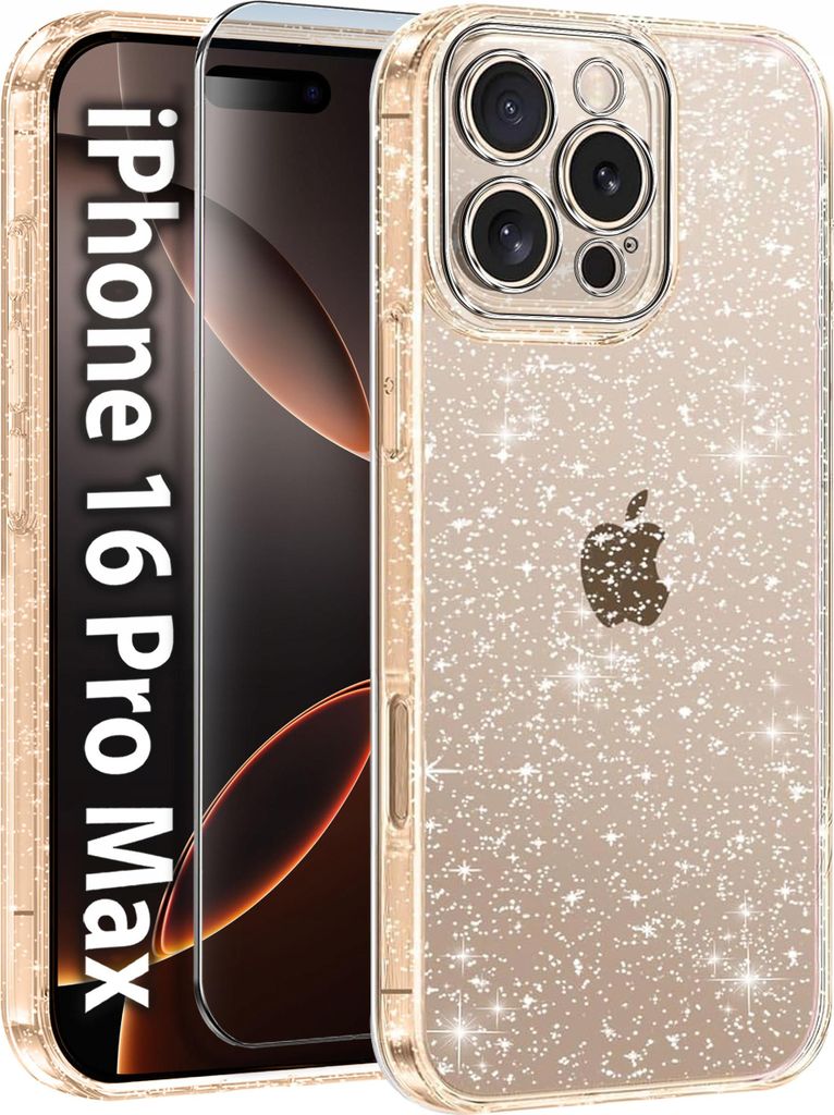 Hülle für iPhone 16 Pro Max SILIKON GLITZER clear CASE + SCHUTZGlas 9H