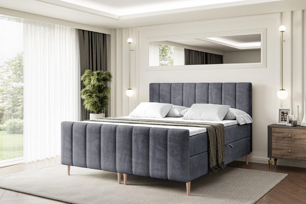 ALTDECOR Boxspringbett mit Holz Füßen, Matratze und Lattenrost, Topper, Fußteil, Polsterbett mit Bettkasten, Bett mit Stauraum H4-Matratze, Dopp...