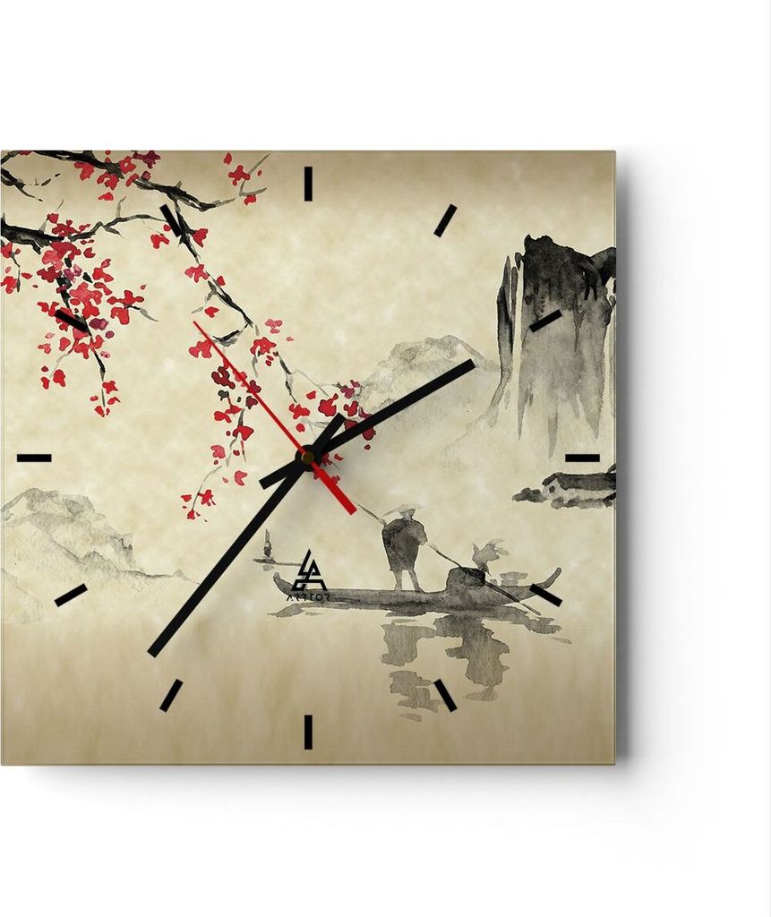 Wanduhr - Quadrat - Glasuhr - Blume Kirschen Japan - 30x30cm - Schleichendes Uhrwerk - Lautlos - zum Aufhängen bereit - Dekoration Modern - Wandde...