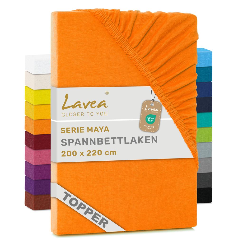 Lavea Topper Spannbettlaken 200x220 cm Maya Jersey, Bettlaken 100% Baumwolle, Bettbezug Matratzen bis 10 cm, Spannbettücher, Abendrot