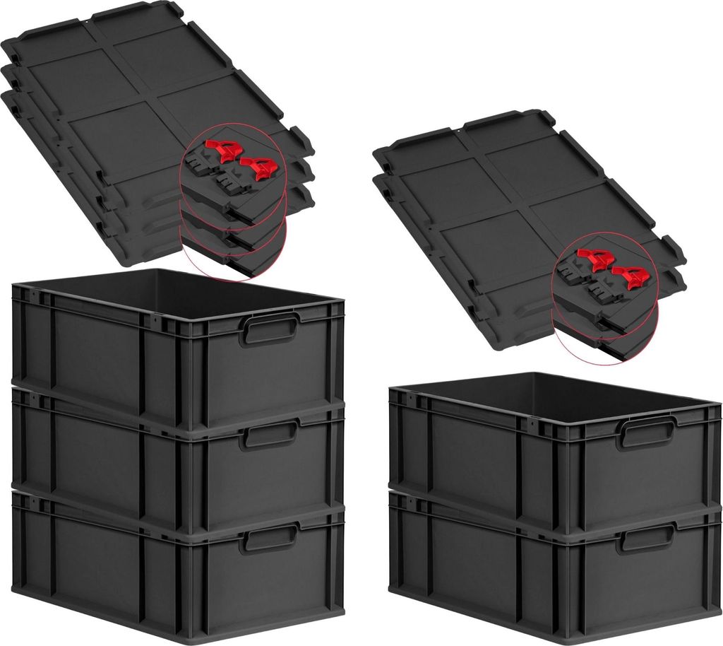 SuperSparSet 5x Eurobox NextGen Grip mit Scharnierdeckel und roten Schiebeschnappverschlüssen | HxBxT 22x40x60cm | 44 Liter | Schwarz | Griffe ges...