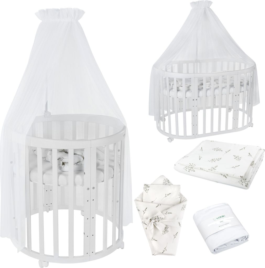 Mobiles Babybett OWAL aus Holz 7in1 mit Matratze, mitwachsend,Stoffe Weiß Zweige,Holz weiß