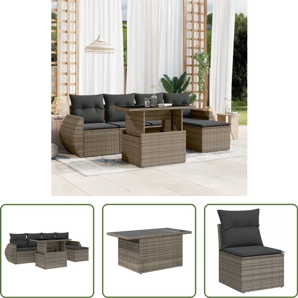 The Living Store 6-tlg. Garten-Sofagarnitur mit Kissen Grau Poly Rattan