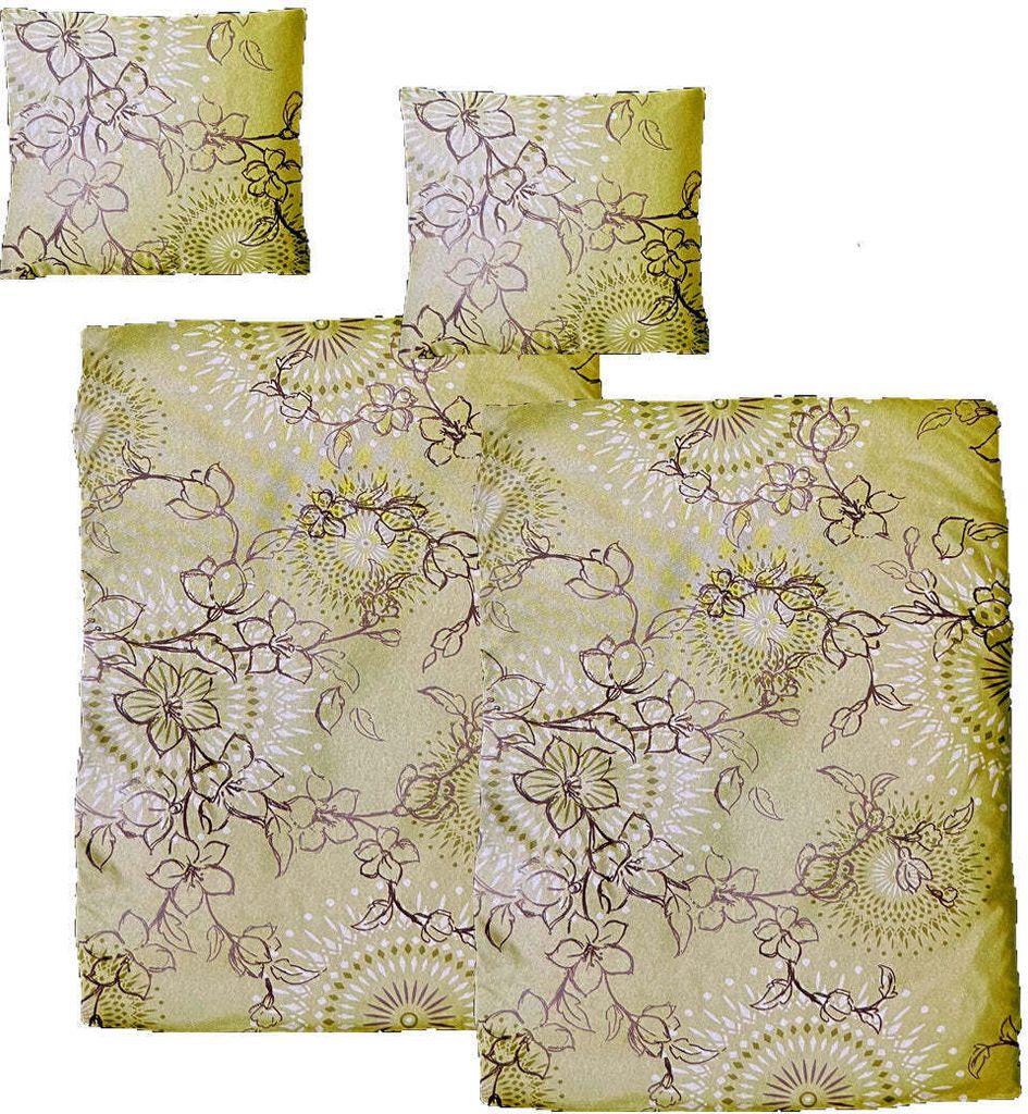 Hochwertige Feinbiber Bettwäsche Baumwolle Blumen Grün 135x200 80x80: 4tlg.
