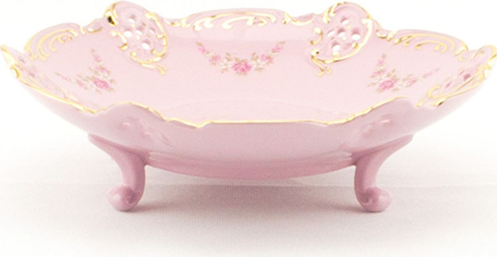 Schale Diana auf Beinen 19,5 cm, rosa Porzellan, Blumen, Goldlinie, Leander