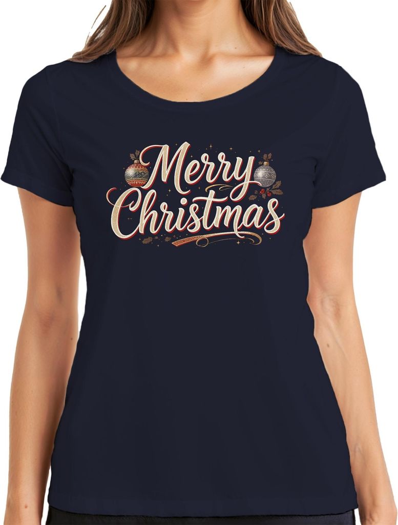 Merry Christmas Weihnachten Weihnachtskugeln Handlettering Retro Damen T-Shirt, Navy, 3XL