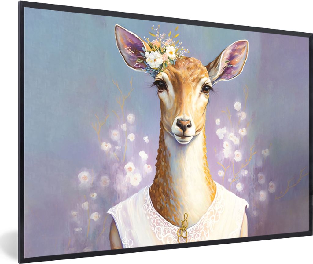 MuchoWow Gerahmtes Poster Hirsche - Blumen - Gemälde - Porträt - Tiere 30x20 cm - Poster mit Schwarzem Bilderrahmen Wandposter Rahmen Foto Bild...