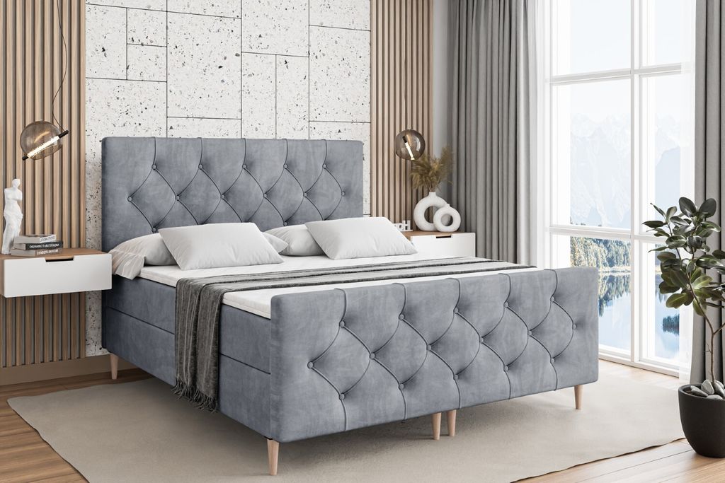 ALTDECOR Boxspringbett mit Holz Füßen, Matratze und Lattenrost, Topper, Fußteil, Polsterbett mit Bettkasten, Bett mit Stauraum H4-Matratze, Dopp...