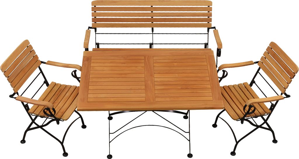 Garten-Essgruppen Premium Teak Sitzgruppe aus 2 Stühlen + 1 Bank + 1 Tisch 120 x 80 cm edles Balkonset aus Teak & pulverbeschichtetem Stahl