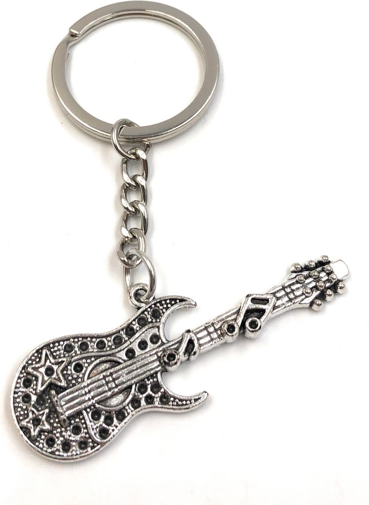 Onwomania Schlüsselanhänger Gitarre mit Noten E-Gitarre Silber Metall Anhänger Charm