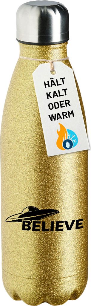 Huuraa Trinkflasche UFO Believe 500ml Gold Edelstahl Wasserflasche Trinkflasche Geschenkidee
