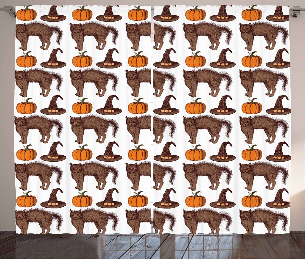 ABAKUHAUS Halloween Rustikaler Vorhang, Kürbis-Hexe-Hut-Katze, Wohnzimmer Universalband Gardinen mit Schlaufen und Haken, 280 x 245 cm, Braun Oran...