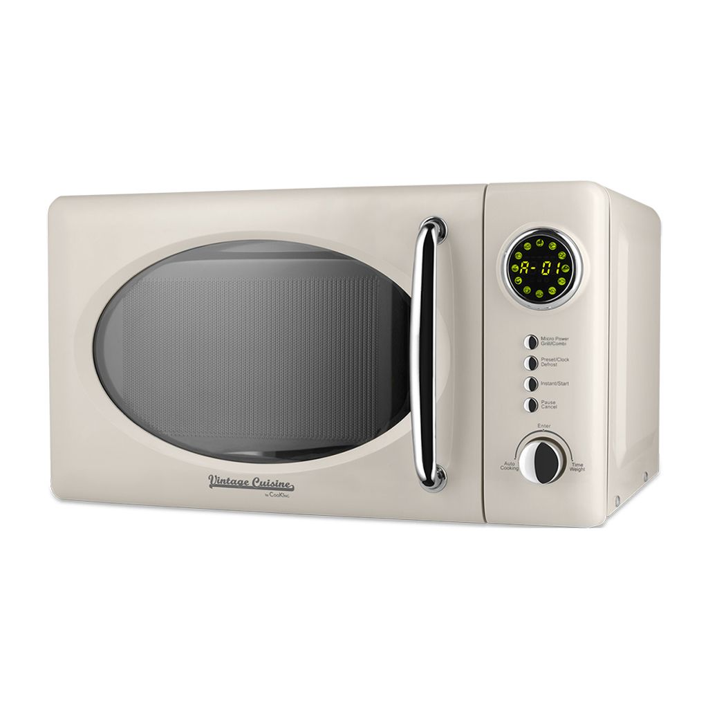 A cream-colored vintage-style microwave oven is shown against a white background.