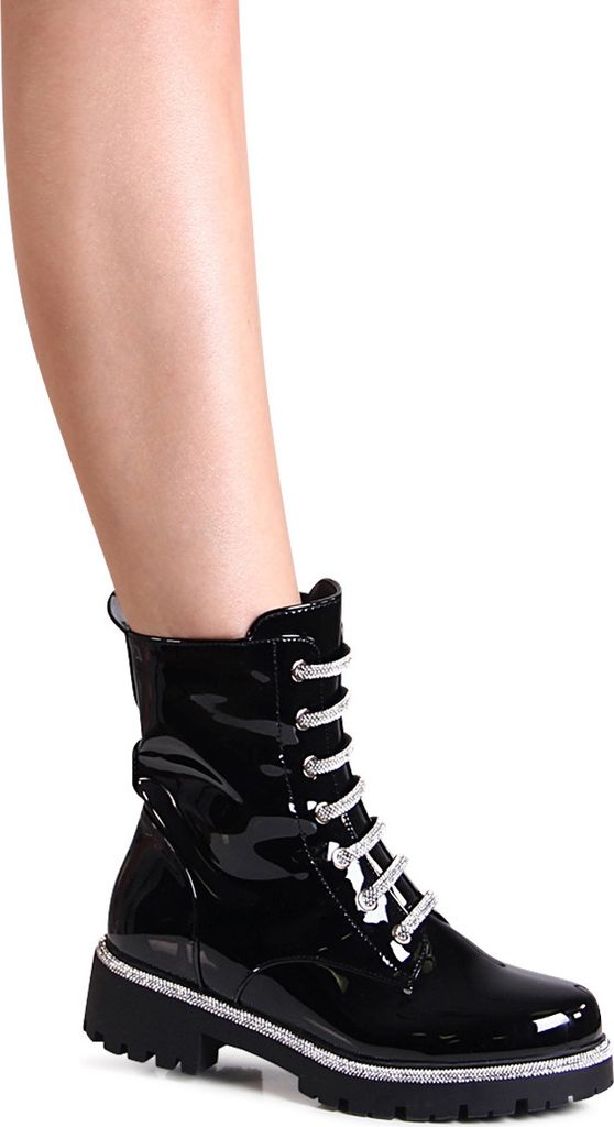 Damen Stiefeletten Glitzer Worker Boots Schwarz Lack 37 EU