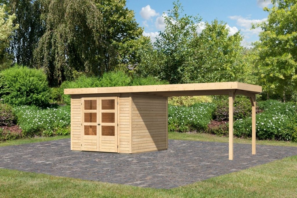 Karibu Gartenhaus Gerätehaus Askola 3,5 im Set mit Anbaudach 2,80 m Breite naturbelassen 500x246x211 cm