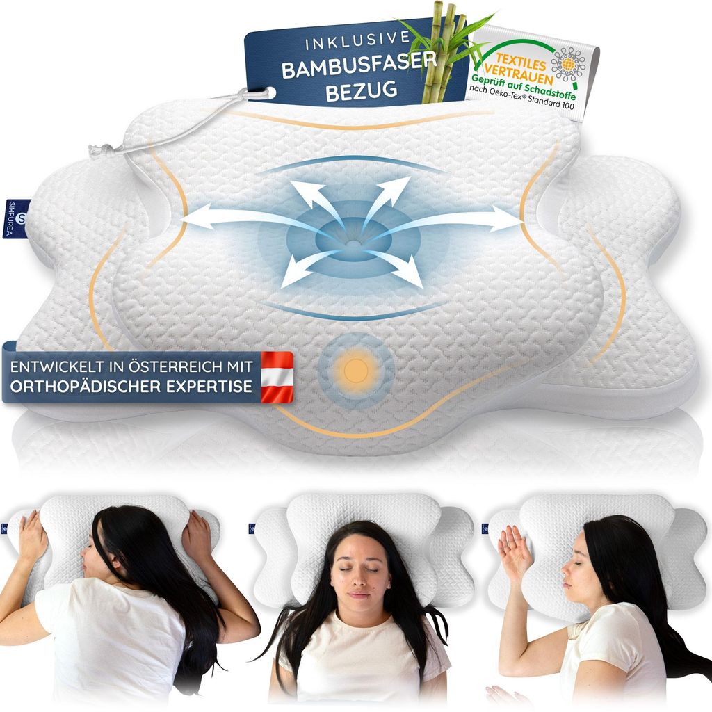 A pillow with diagrams showing airflow, and three images of people sleeping on it.