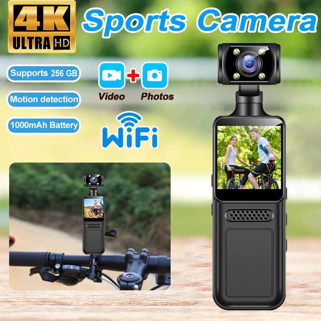 Mini-Kamera 4K 1080p Taschen-Camcorder HD-Kamera mit 1,3-Zoll-LCD-Bildschirm, um 180° drehbar, WLAN-Mini-Kamera mit wasserdichtem Gehäuse, Action...