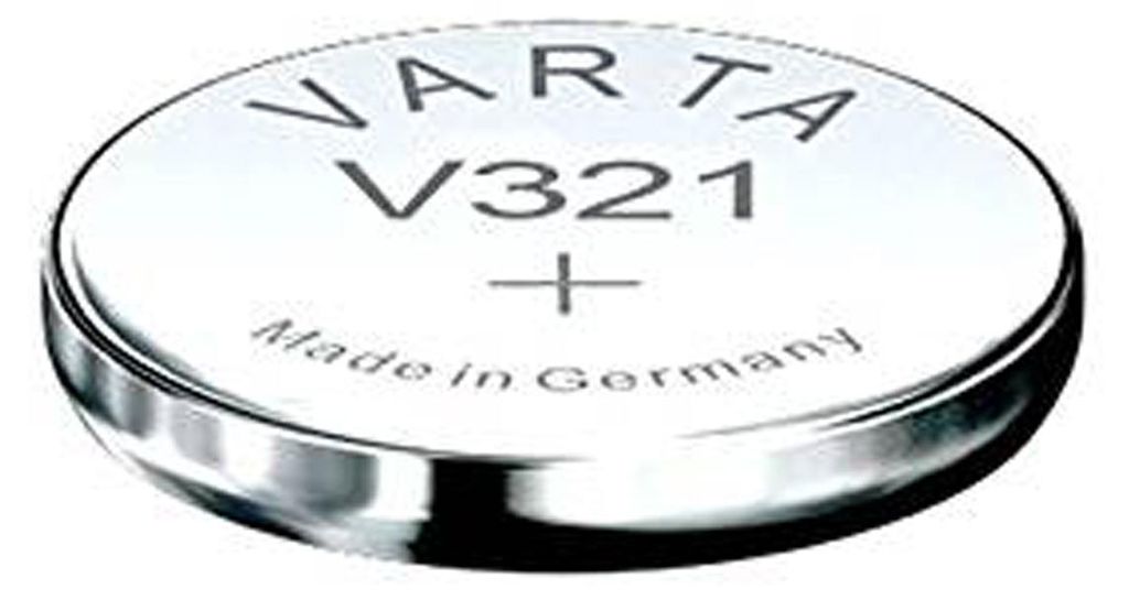 A single VARTA V321 button cell battery is shown against a white background.