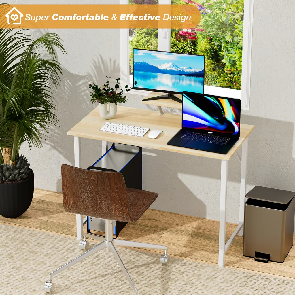 Table d'ordinateur PC en bois 100cm, petit bureau avec réhausse écran