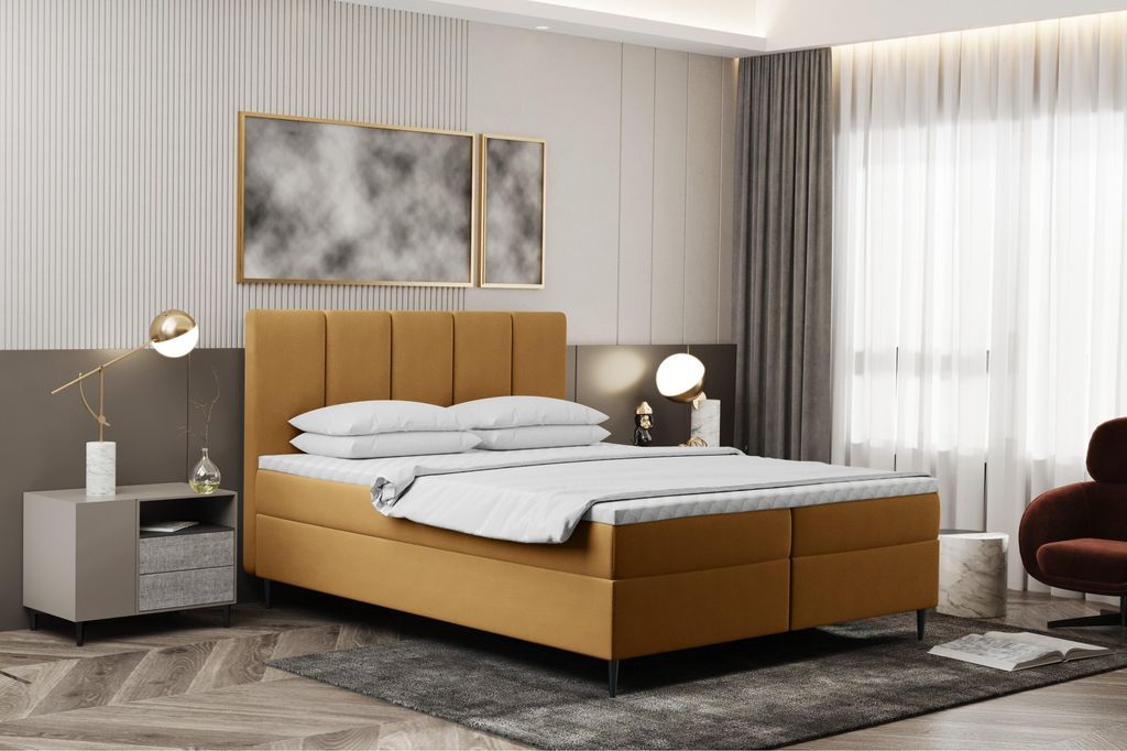 Kaiser Möbel Boxspringbett 200x200cm mit bettkasten und matratze+topper, Schlafzimmerbett POEL Gelb