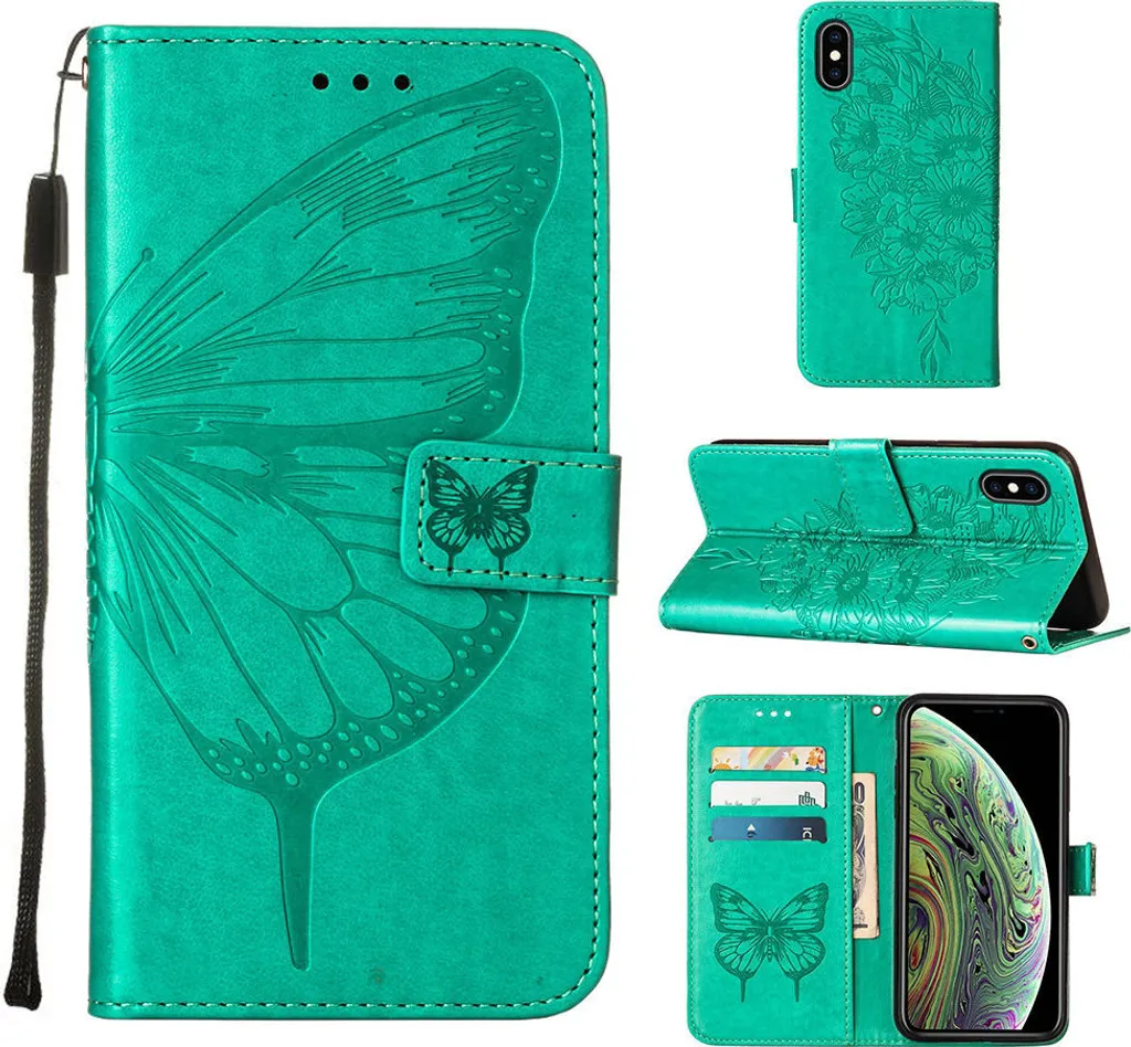 Custodia iPhone XS Max Verde Farfalla Goffrata | Cover Pelle Portafoglio
