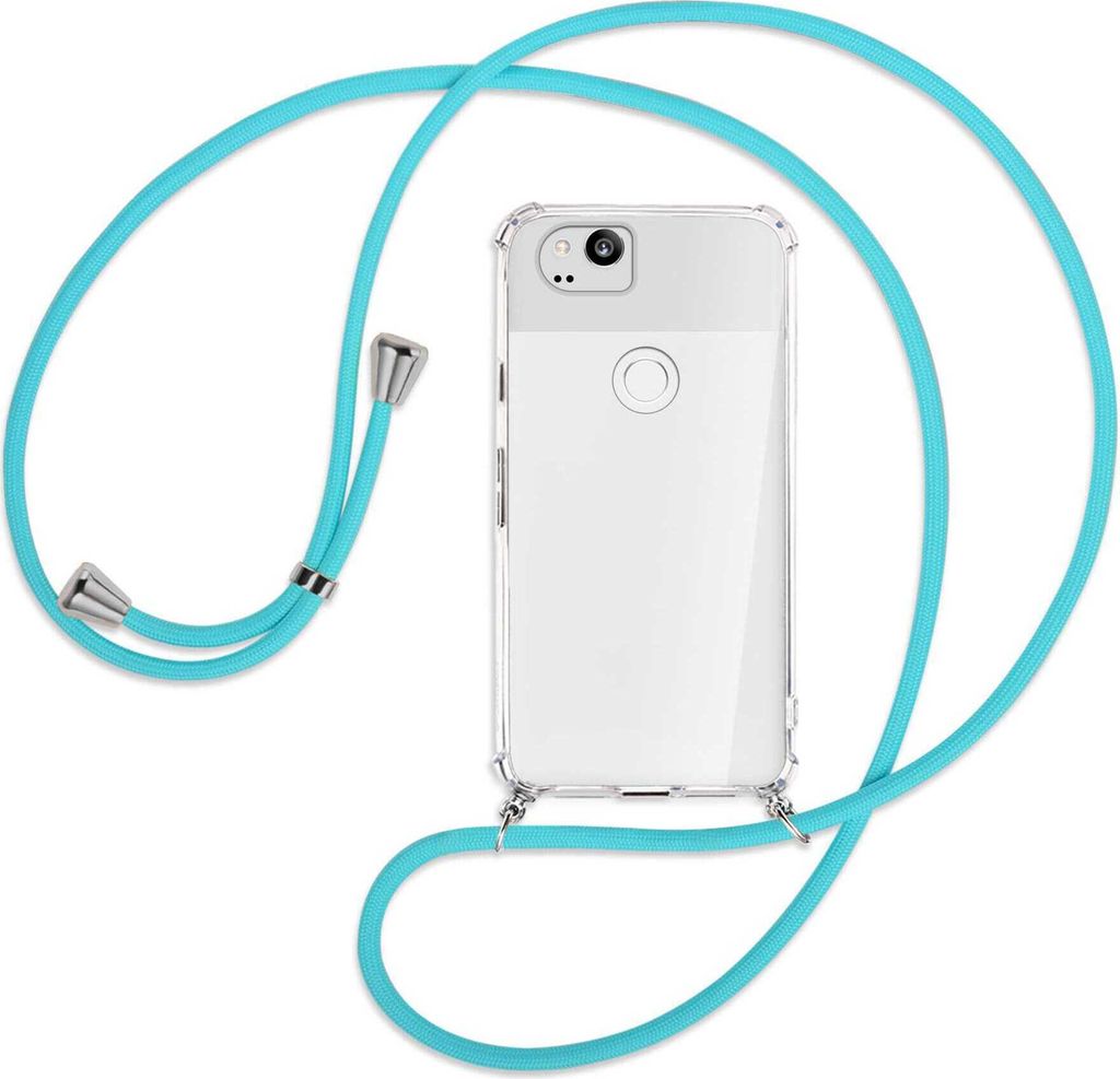 Handykette Backcover-Schutzhülle mit Band (Metall silberfarben) für Google Pixel 2 XL - türkis