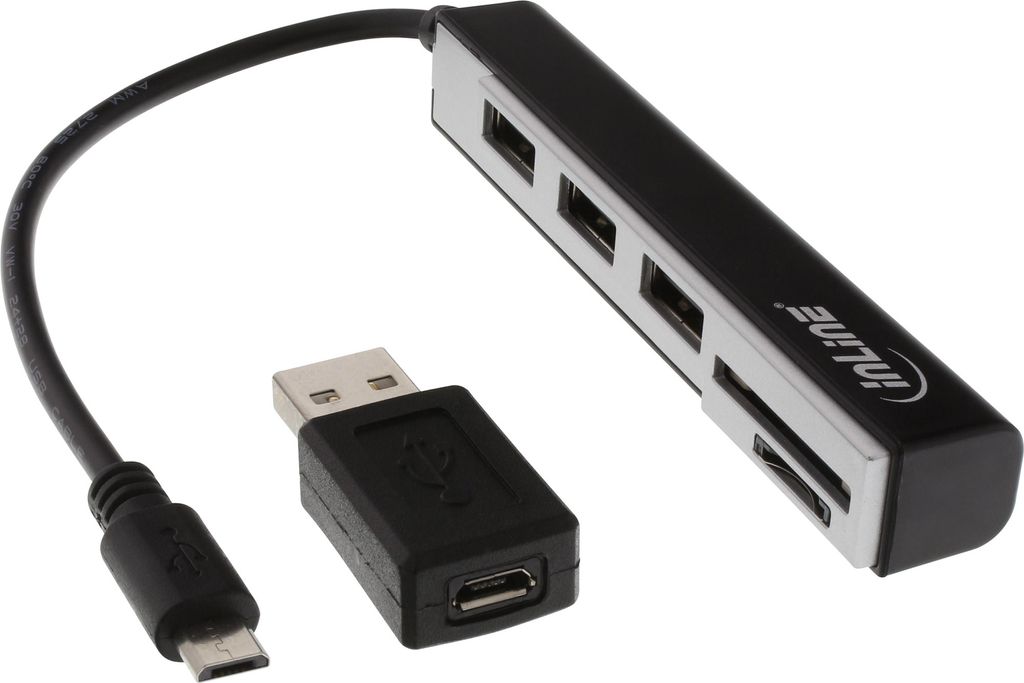 InLine USB OTG Cardreader & 3-fach USB 2.0 Hub, für SDXC und microSD, mit Adapter