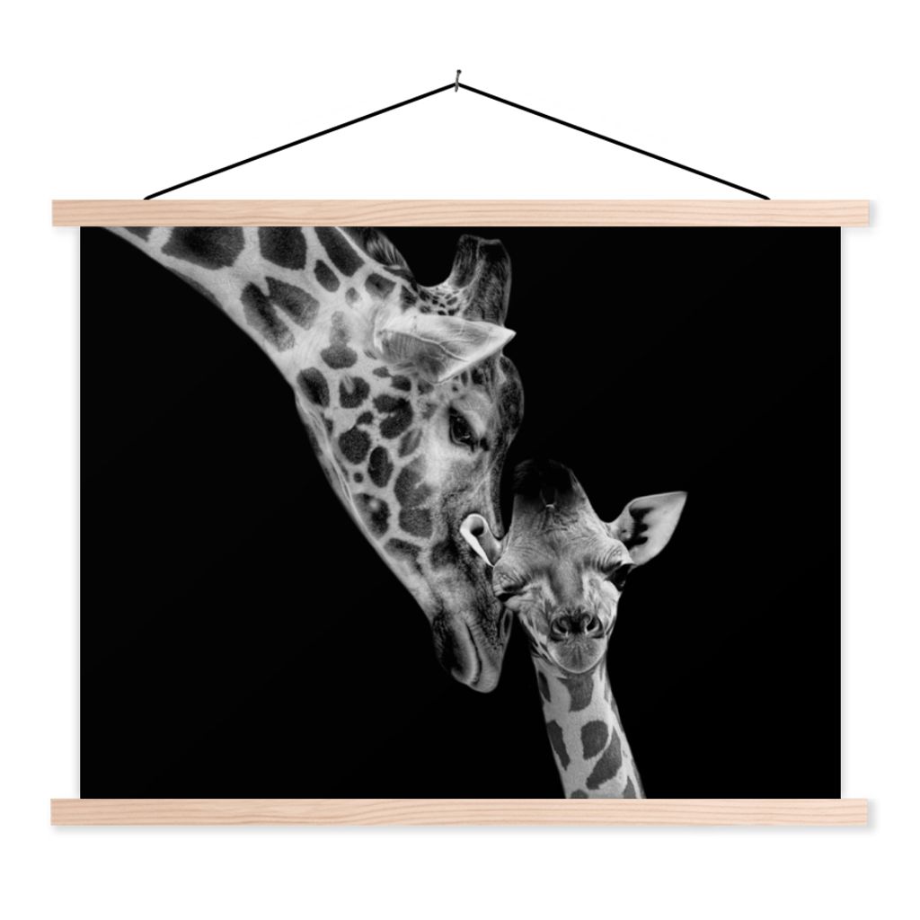 MuchoWow Textilposter Porträt - Giraffe - Tiere - Schwarz - Weiß 40x30 cm mit holzfarbenen Rahmen - Bilder