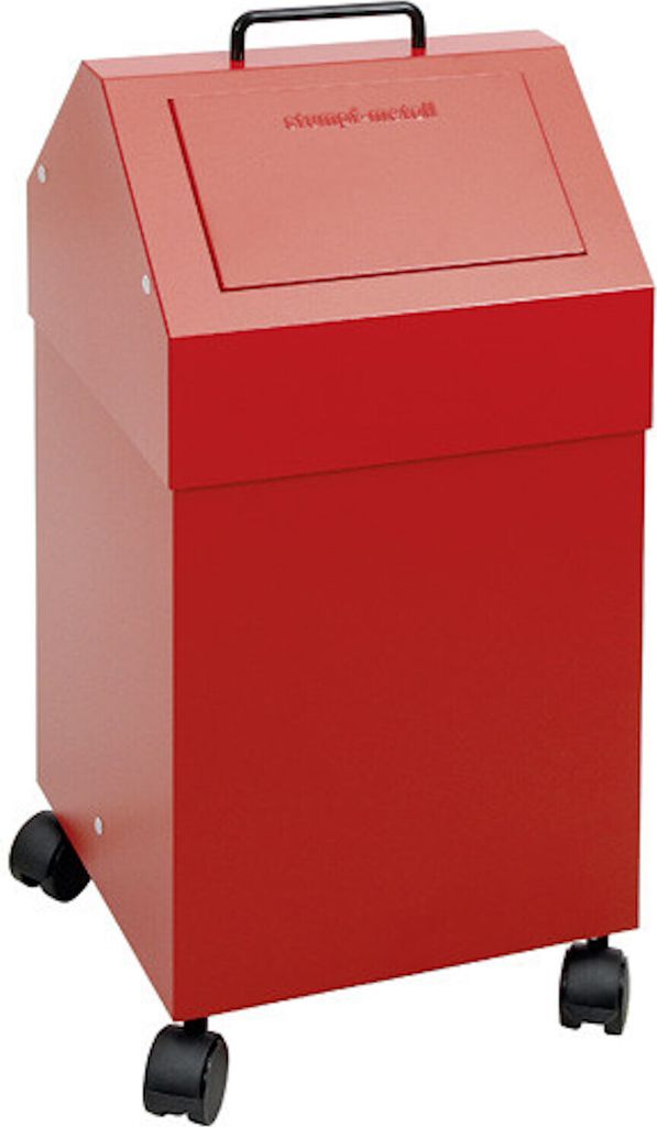 Fahrbarer Abfallsammler mit selbstschließender Einwurfklappe | 45 Liter, HxBxT 71,5x33x31cm | Feuer- & Geruchshemmend | Feuerrot