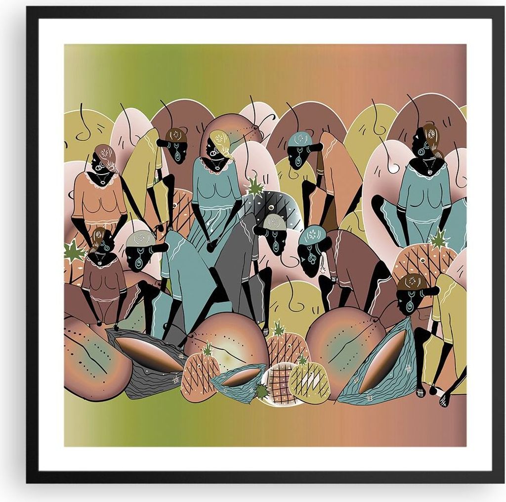 Gerahmtes Poster - Schwarzer Rahmen - Afrikanisch Grafik Frauen - 60x60 cm - Wand Bild - Wanddeko - Wandbilder - Kunstposter - Wandposter - Bilderr...