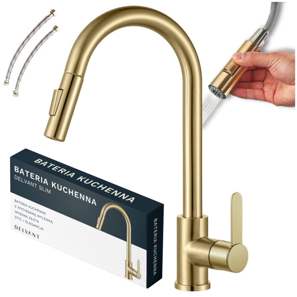 A gold kitchen faucet with a pull-out spray head is shown, along with its packaging and flexible hoses.