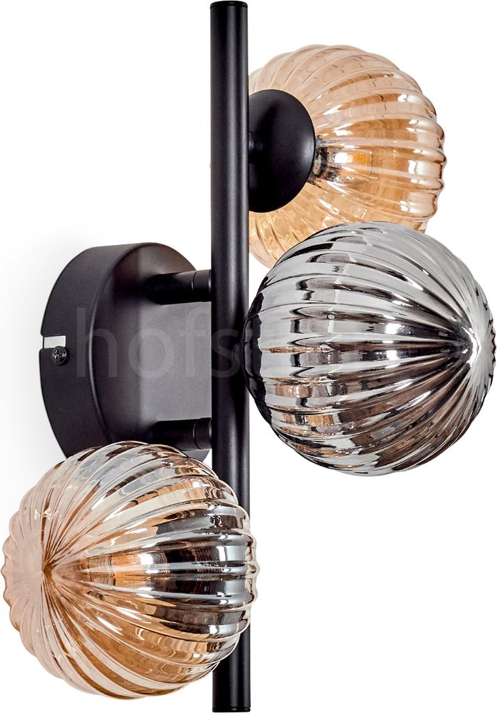 Isorella Wandlampe aus Metall/Riffelglas in Schwarz/Bernstein/Rauch