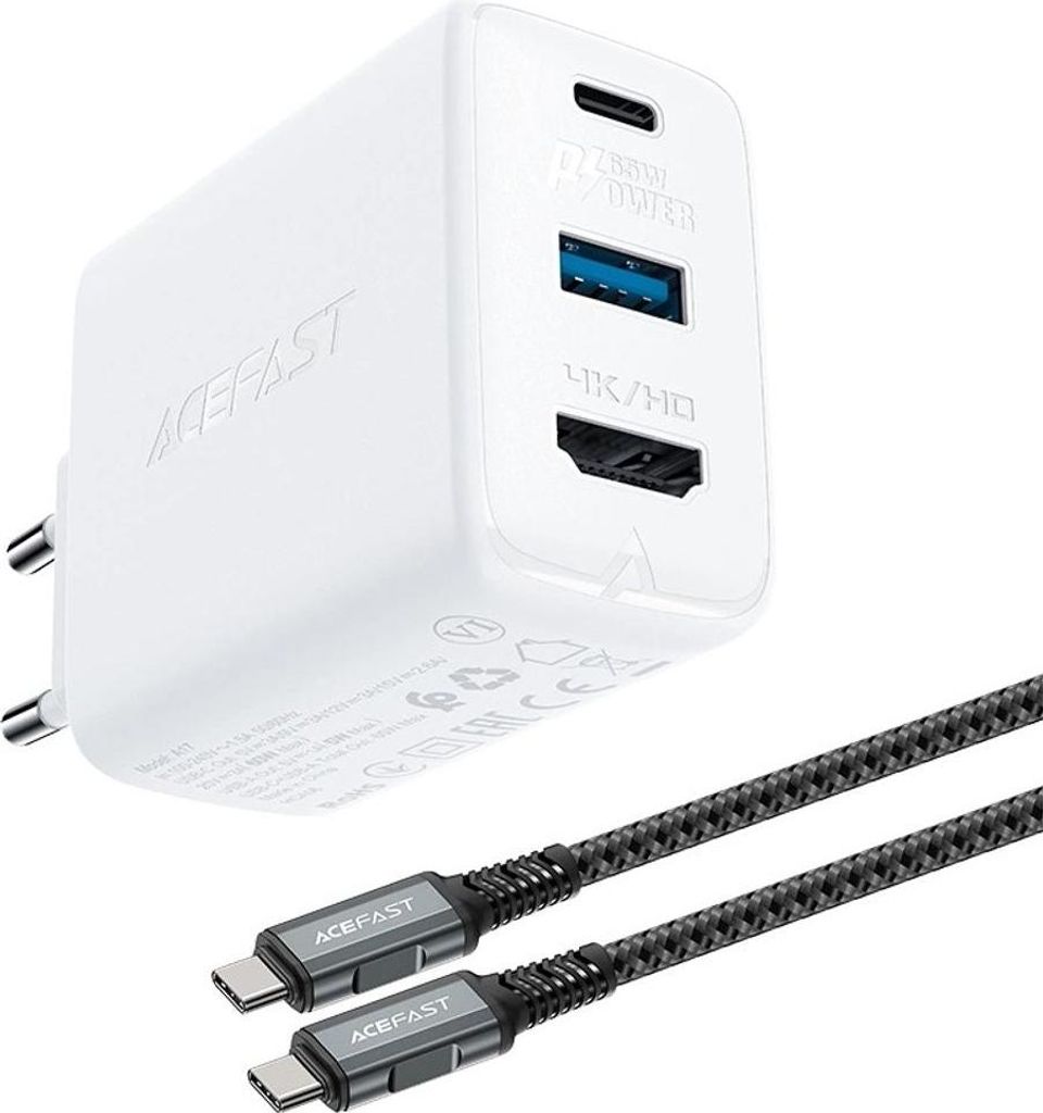 Acefast 2in1 Ladegerät GaN 65W USB Typ C / USB, Adapter Adapter HDMI 4K @ 60Hz (Set mit Kabel) weiß (A17 weiß)