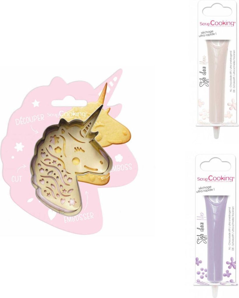 Einhorn Relief Kekspackung + 2 weiße und fliederfarbene Schokoladenstifte