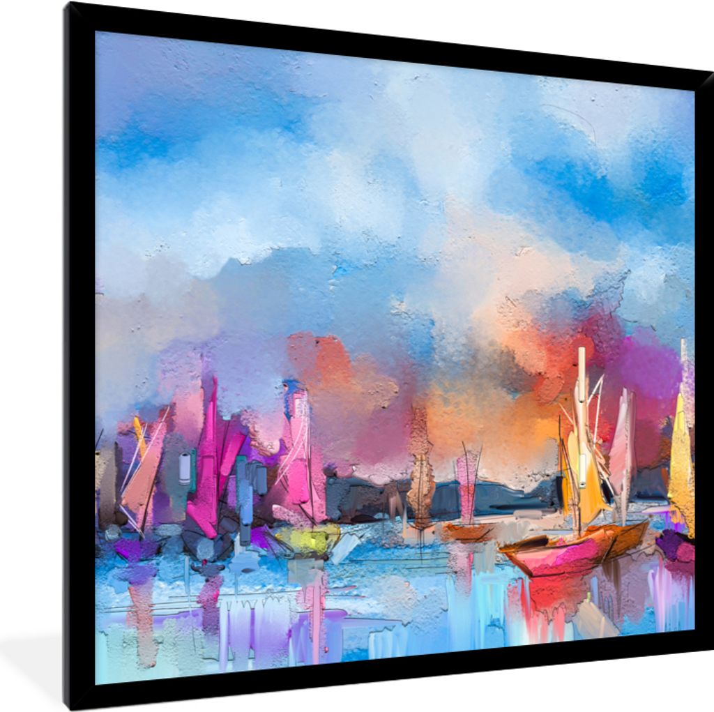 MuchoWow Gerahmtes Poster Malerei - Boote - Wasser 40x40 cm - Poster mit Schwarzem Bilderrahmen Wandposter Rahmen Foto Bilder - Mit Rahmen - Wand...