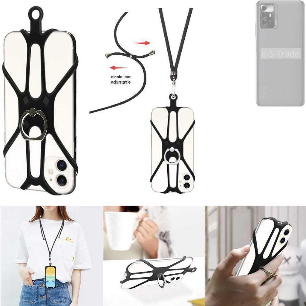 K-S-Trade 3in1 Handykette Handyband Handykordel Halsband Smartphone-Ring Handy-Ring kompatibel mit ZTE Voyage 30 Smooth Edition Fingerhalterung
